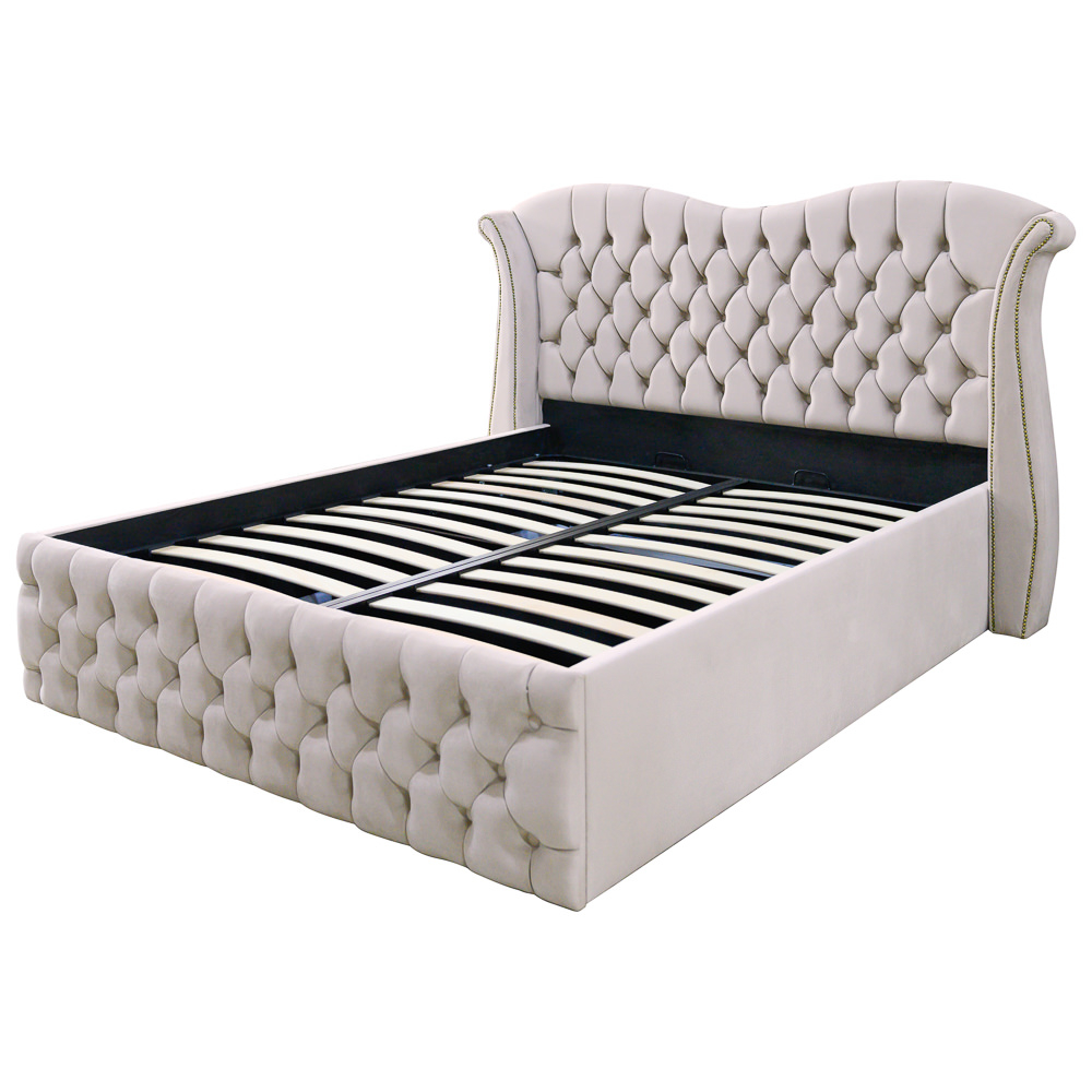 Pat dublu tapitat model Indiana, 160/200 cm, culoare crem, cu somiera metalica rabatabila si spatiu de depozitare [5]