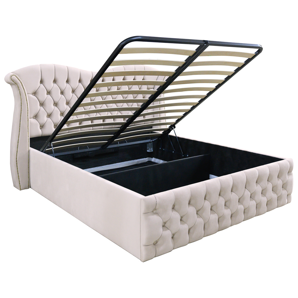 Pat dublu tapitat model Indiana, 160/200 cm, culoare crem, cu somiera metalica rabatabila si spatiu de depozitare [3]