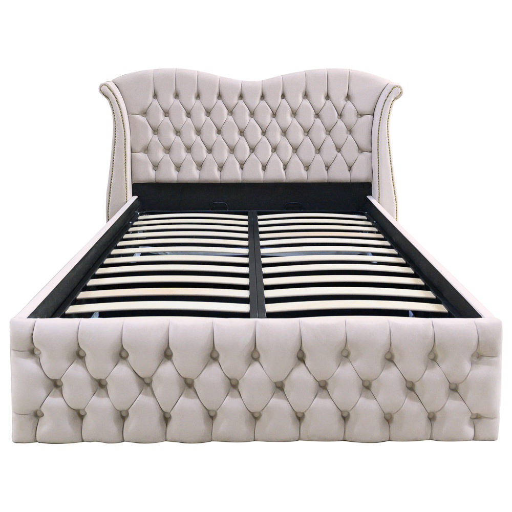 Pat dublu tapitat model Indiana, 160/200 cm, culoare crem, cu somiera metalica rabatabila si spatiu de depozitare [4]