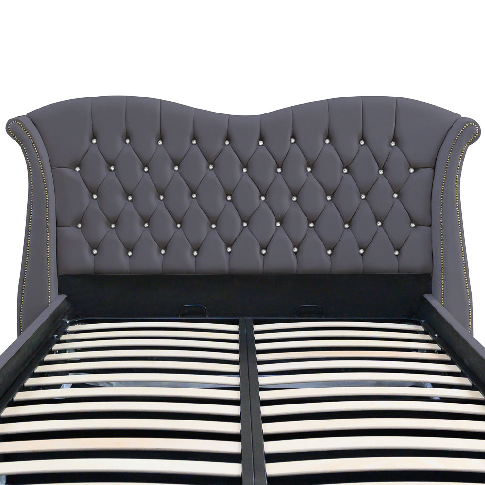 Pat dublu tapitat model Indiana cu nasturi sticla, 160/200 cm, gri inchis, cu somiera metalica rabatabila si spatiu de depozitare [2]