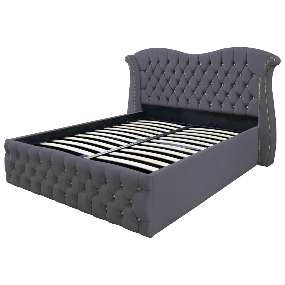 Pat dublu tapitat model Indiana cu nasturi sticla, 160/200 cm, gri inchis, cu somiera metalica rabatabila si spatiu de depozitare [5]