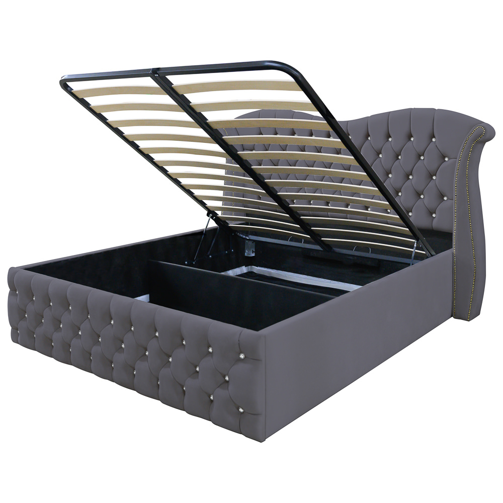 Pat dublu tapitat model Indiana cu nasturi sticla, 160/200 cm, gri inchis, cu somiera metalica rabatabila si spatiu de depozitare [4]