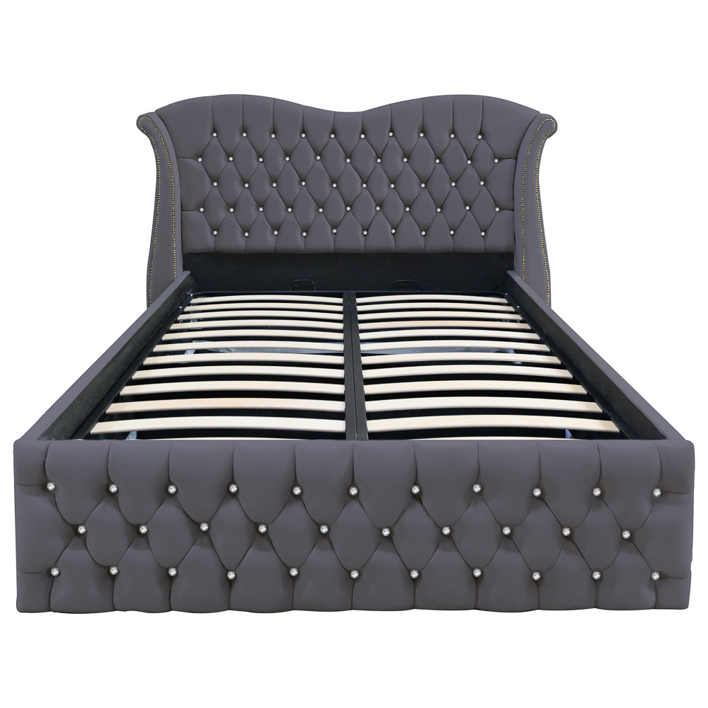 Pat dublu tapitat model Indiana cu nasturi sticla, 160/200 cm, gri inchis, cu somiera metalica rabatabila si spatiu de depozitare [3]