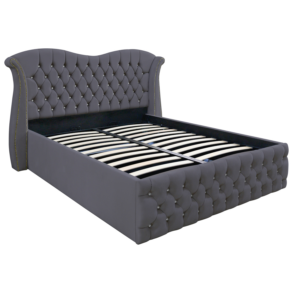 Pat dublu tapitat model Indiana cu nasturi sticla, 160/200 cm, gri inchis, cu somiera metalica rabatabila si spatiu de depozitare [1]