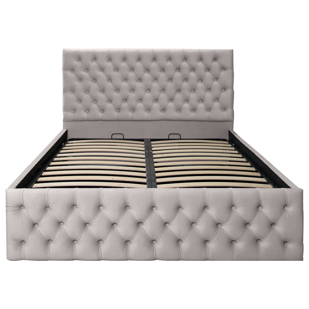 Pat dublu tapitat model Texas, 160/200cm, culoare crem, cu somiera metalica rabatabila si spatiu de depozitare [4]