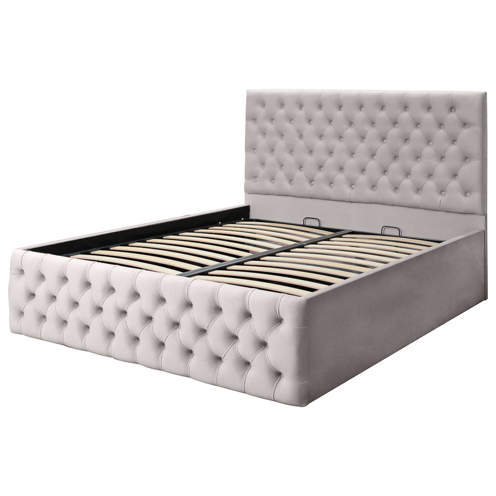 Pat dublu tapitat model Texas, 160/200cm, culoare crem, cu somiera metalica rabatabila si spatiu de depozitare [2]