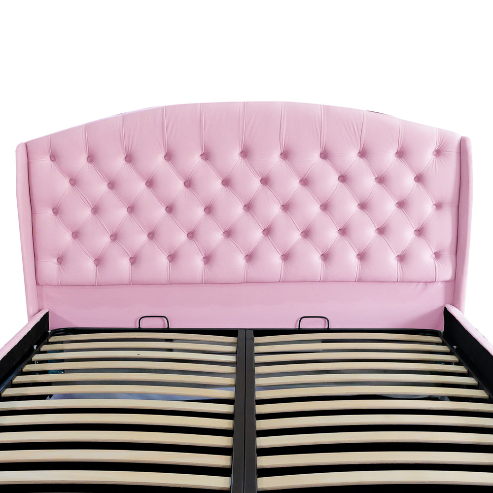 Pat dublu tapitat model Vancouver Deluxe 120/200 cm culoare roz cu somiera metalica rabatabila si spatiu de depozitare [2]