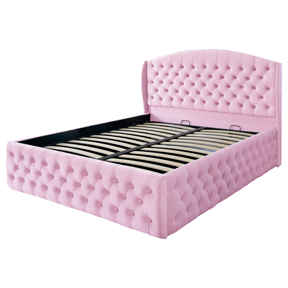 Pat dublu tapitat model Vancouver Deluxe 120/200 cm culoare roz cu somiera metalica rabatabila si spatiu de depozitare [5]