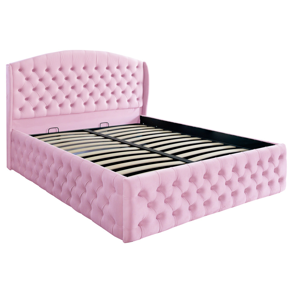 Pat dublu tapitat model Vancouver Deluxe 120/200 cm culoare roz cu somiera metalica rabatabila si spatiu de depozitare [1]