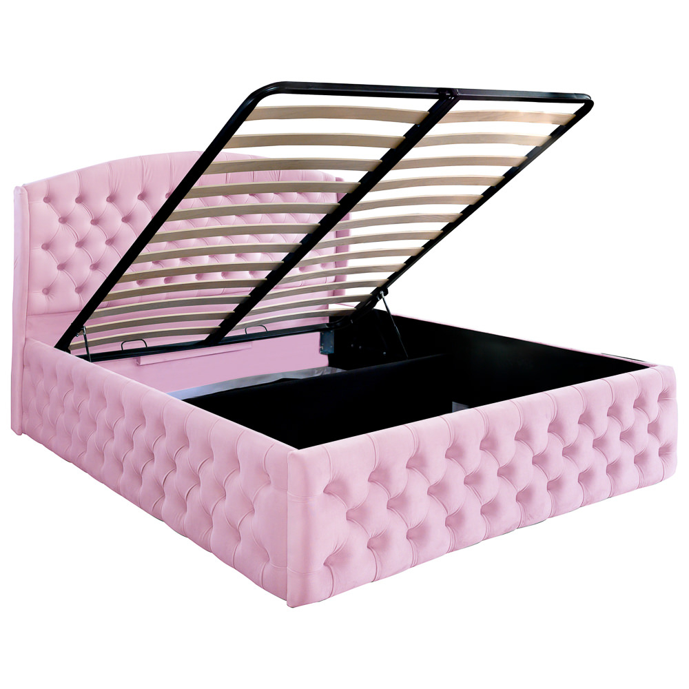Pat dublu tapitat model Vancouver Deluxe 120/200 cm culoare roz cu somiera metalica rabatabila si spatiu de depozitare [3]