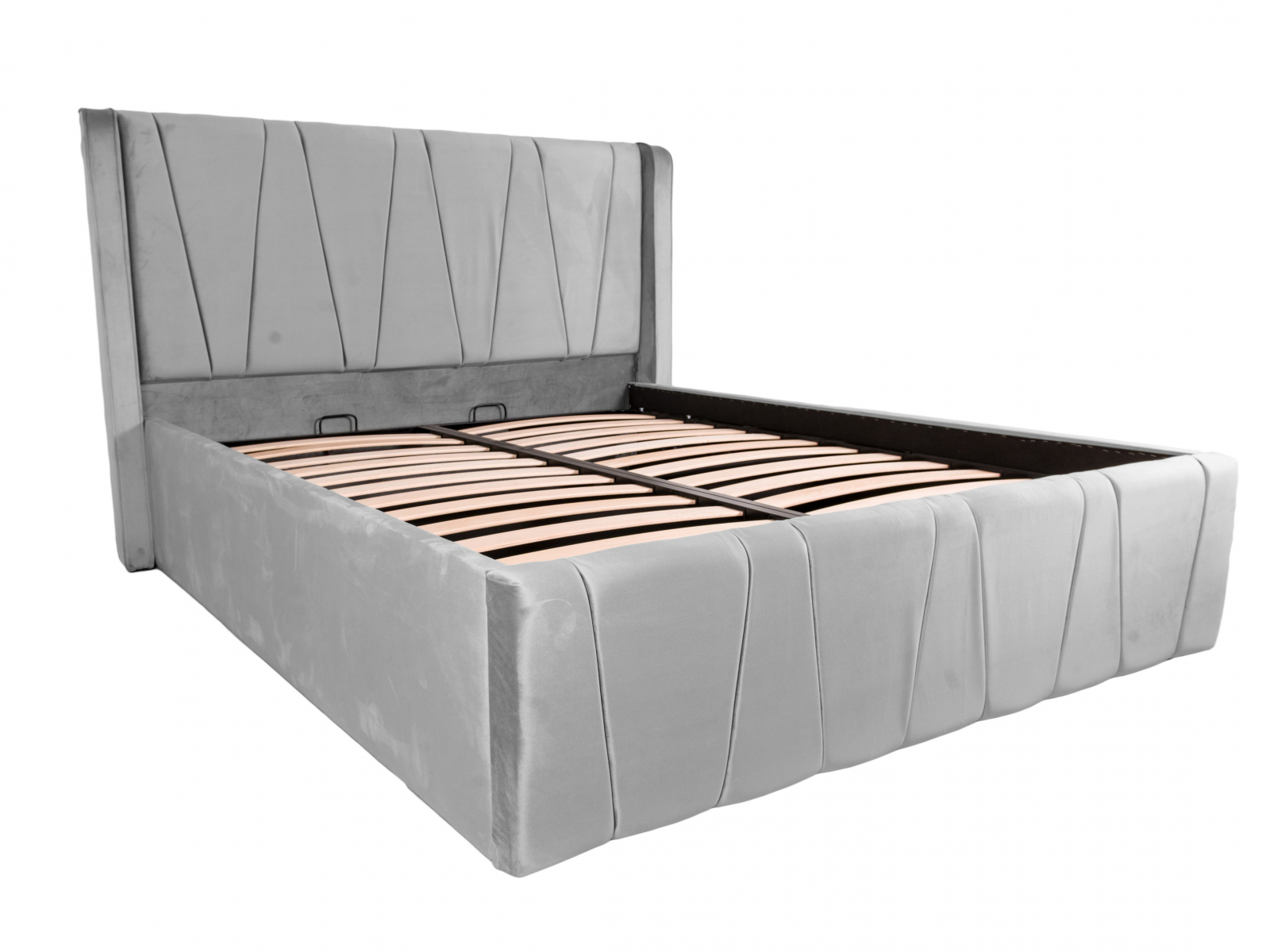 Pat dublu tapitat Montana simple 160/200 cm, gri deschis, cu somiera metalica rabatabila si spatiu de depozitare [3]