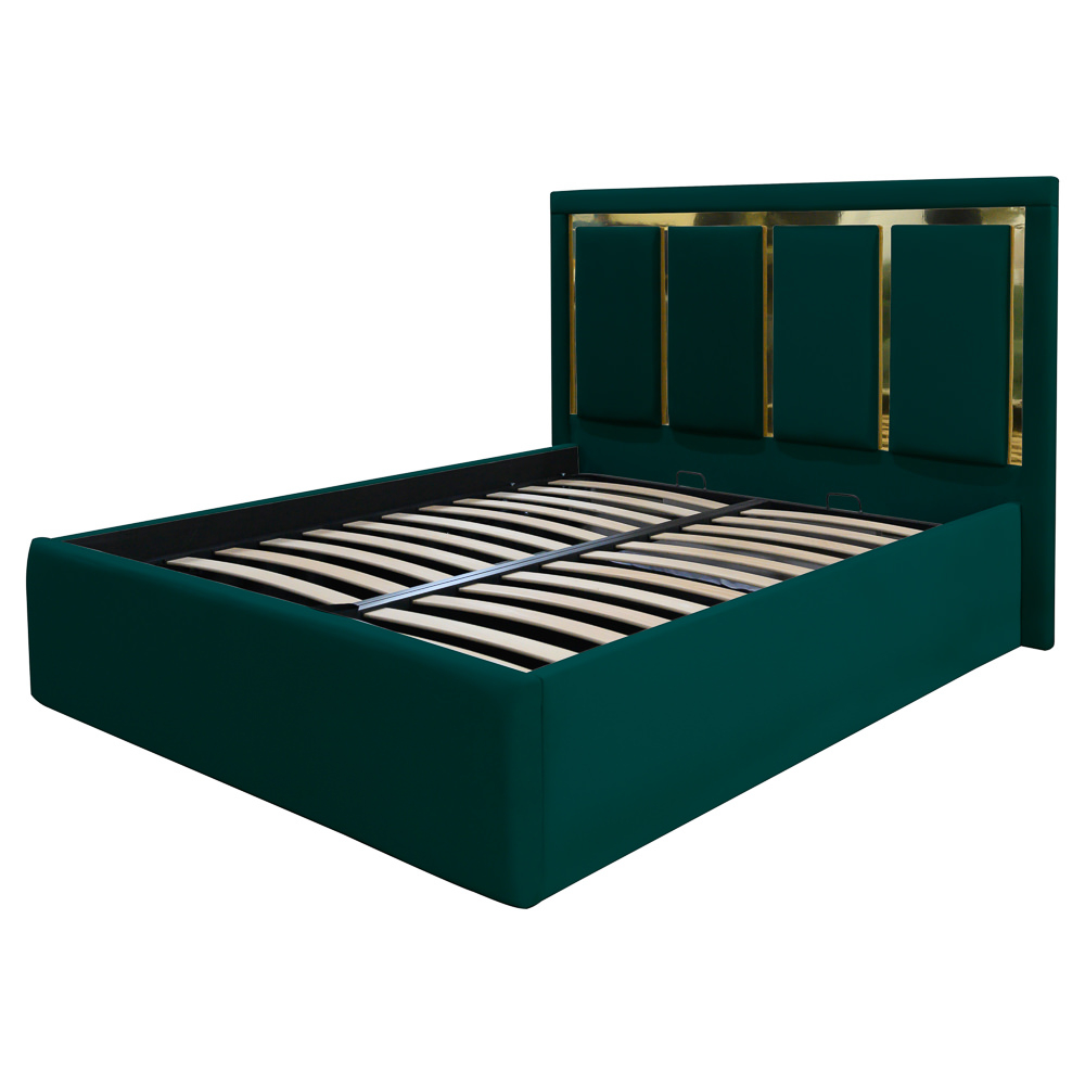 Pat dublu tapitat New York cu benzi aurii, 160/200, verde, cu somiera metalica rabatabila si spatiu de depozitare [1]