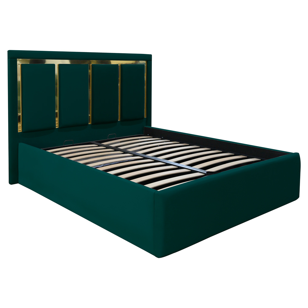 Pat dublu tapitat New York cu benzi aurii, 160/200, verde, cu somiera metalica rabatabila si spatiu de depozitare [2]