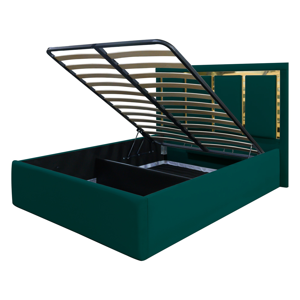 Pat dublu tapitat New York cu benzi aurii, 160/200, verde, cu somiera metalica rabatabila si spatiu de depozitare [3]