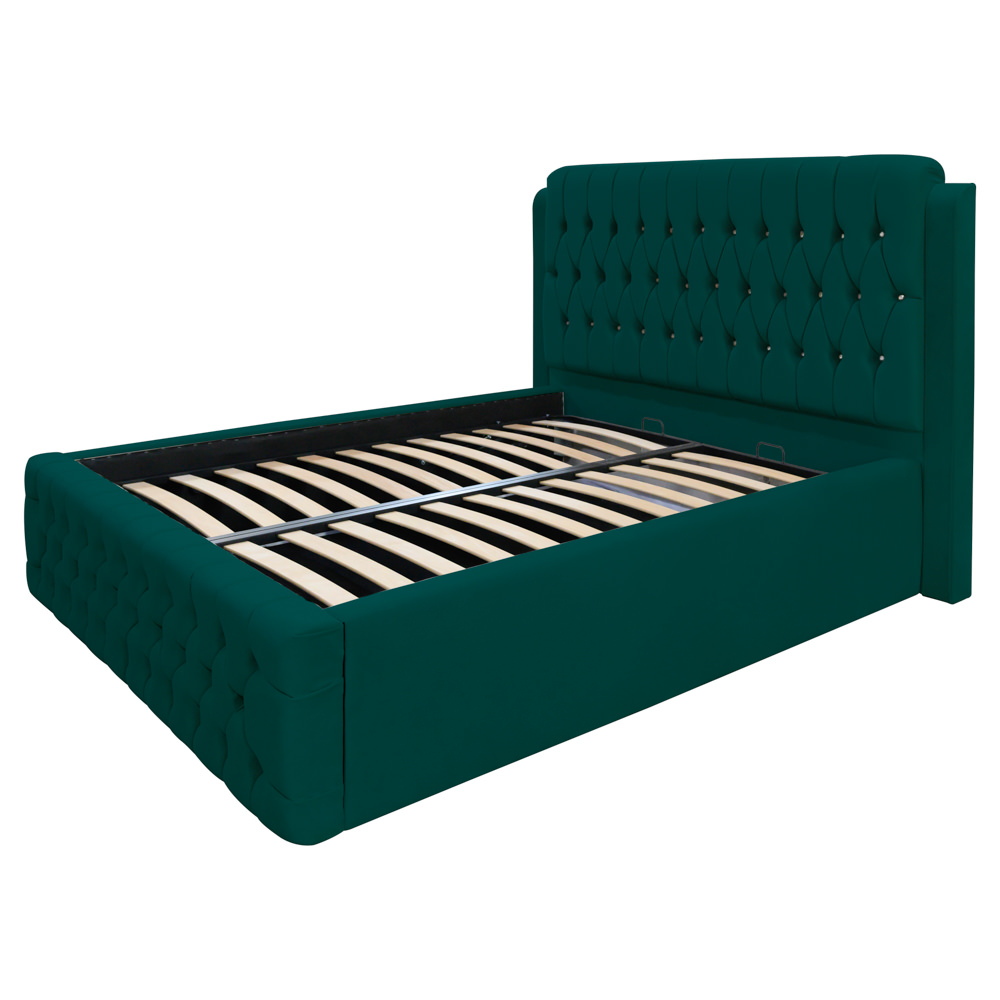 Pat dublu tapitat Olympia cu nasturi sticla, 140/200, verde, cu somiera metalica rabatabila si spatiu de depozitare [1]