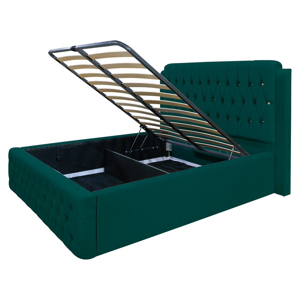 Pat dublu tapitat Olympia cu nasturi sticla, 140/200, verde, cu somiera metalica rabatabila si spatiu de depozitare [2]