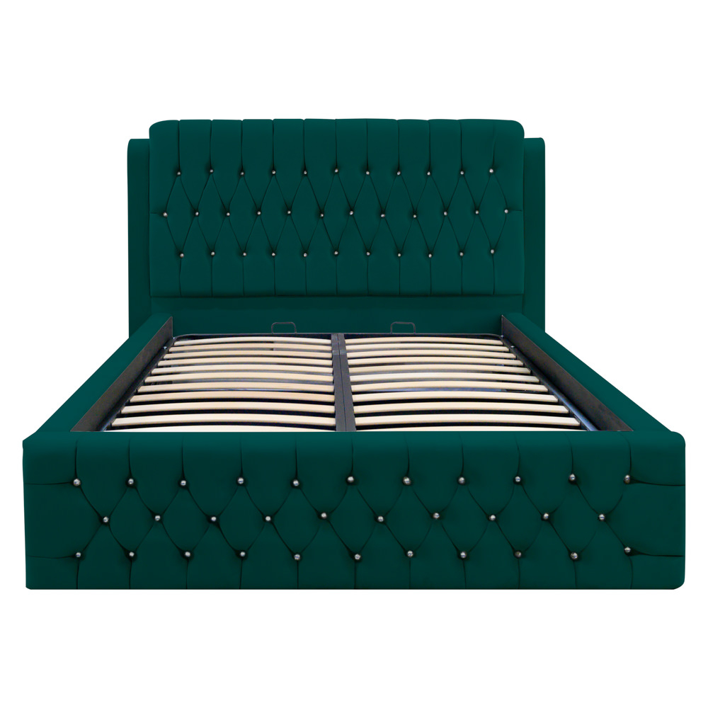 Pat dublu tapitat Olympia cu nasturi sticla, 140/200, verde, cu somiera metalica rabatabila si spatiu de depozitare [3]