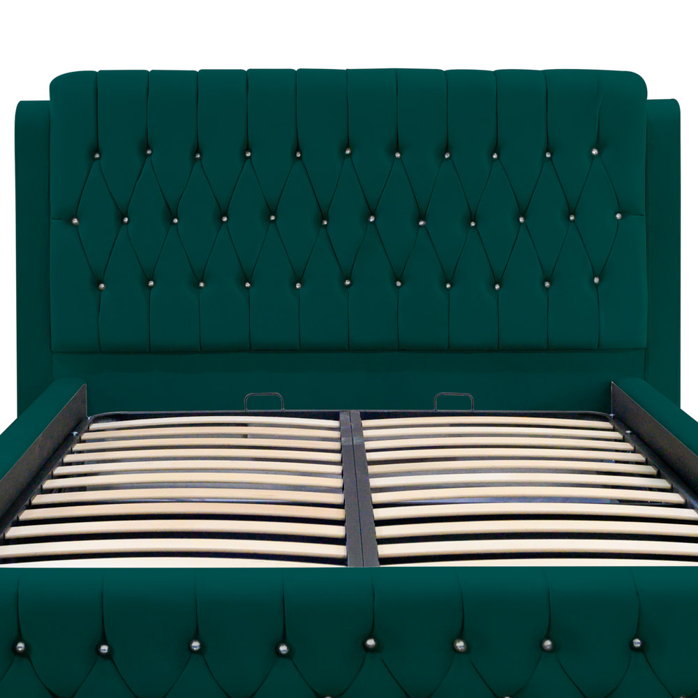 Pat dublu tapitat Olympia cu nasturi sticla, 140/200, verde, cu somiera metalica rabatabila si spatiu de depozitare [4]