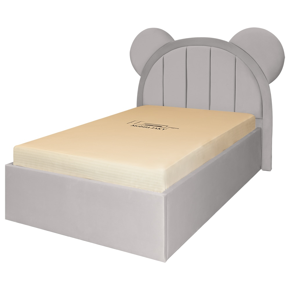 Pat pentru copii tapitat Mickey 140/200 cm, gri deschis cu somiera metalica rabatabila si spatiu de depozitare [1]