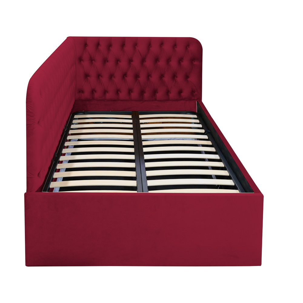 Pat tapitat pe colt stanga Disney, 120/200, visiniu, cu somiera metalica rabatabila si spatiu de depozitare [2]