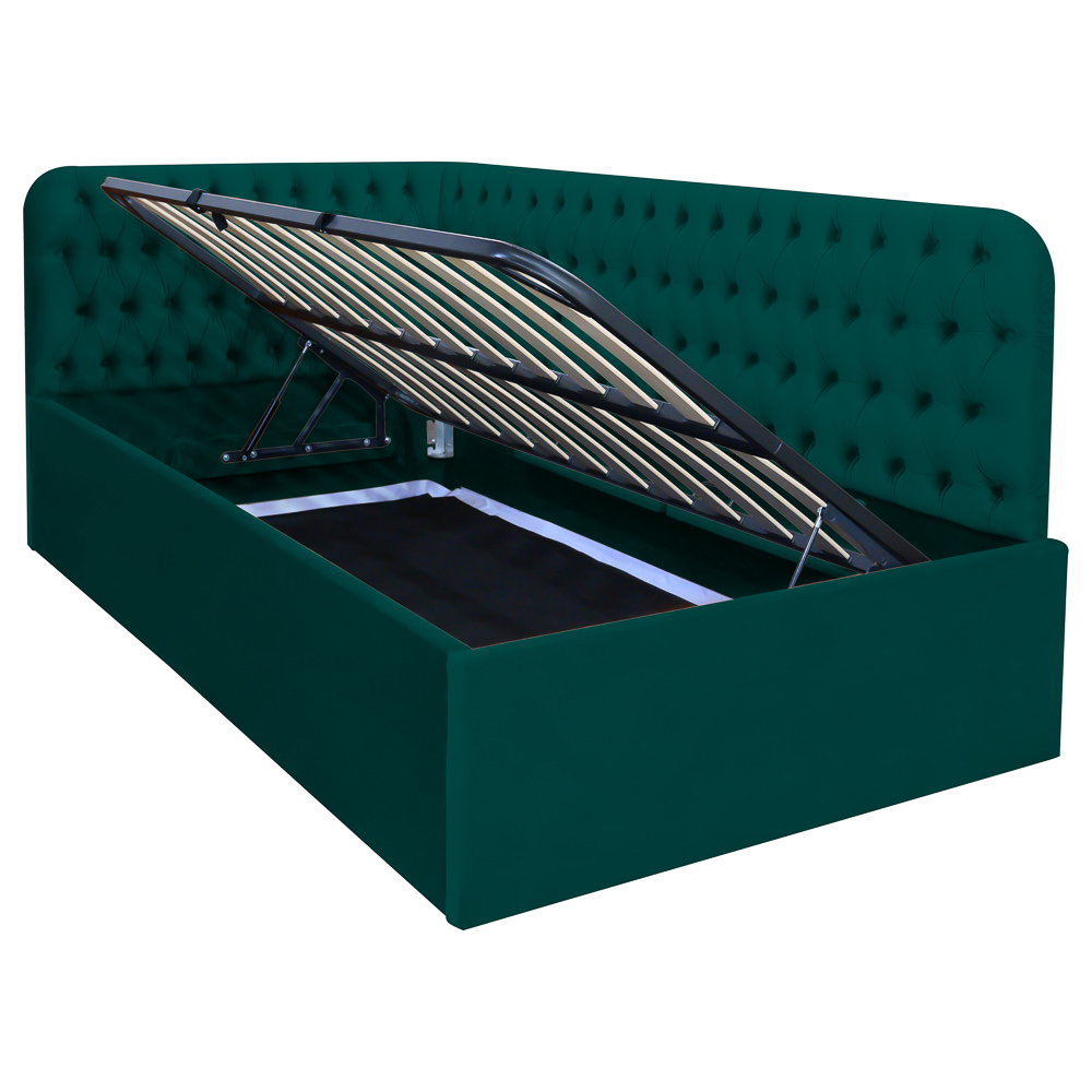 Pat tapitat pe colt dreapta DISNEY 140/200, verde, cu somiera metalica rabatabila si spatiu de depozitare [1]