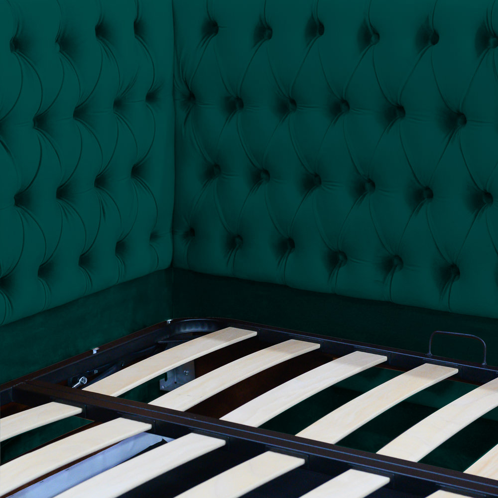 Pat tapitat pe colt dreapta DISNEY 140/200, verde, cu somiera metalica rabatabila si spatiu de depozitare [2]