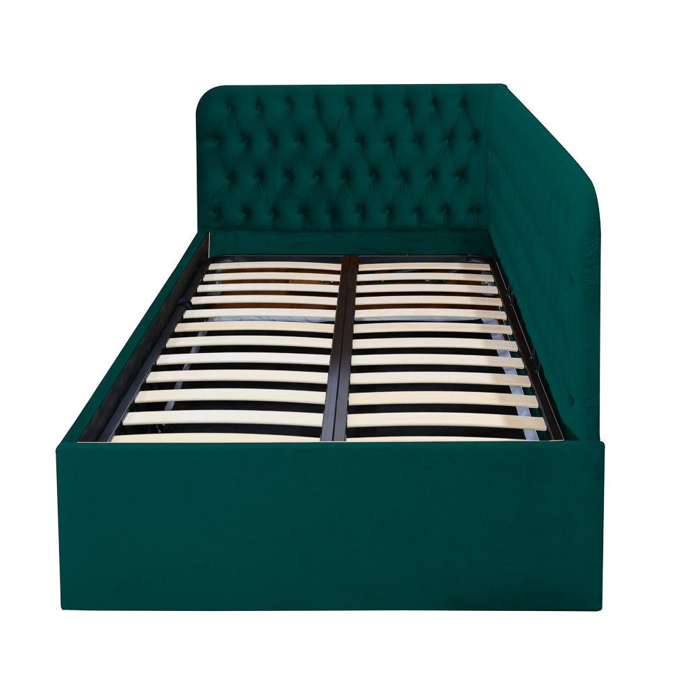 Pat tapitat pe colt dreapta DISNEY 140/200, verde, cu somiera metalica rabatabila si spatiu de depozitare [4]