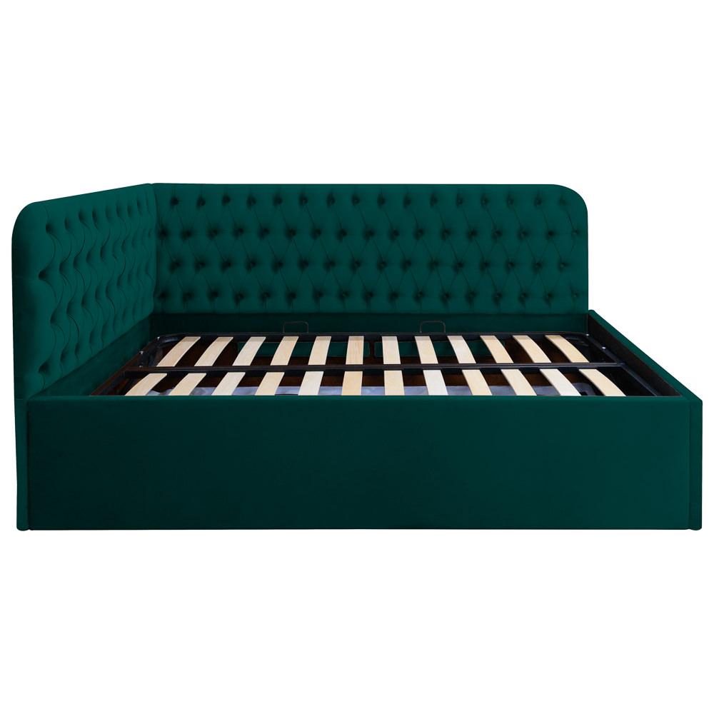 Pat tapitat pe colt dreapta DISNEY 140/200, verde, cu somiera metalica rabatabila si spatiu de depozitare [3]