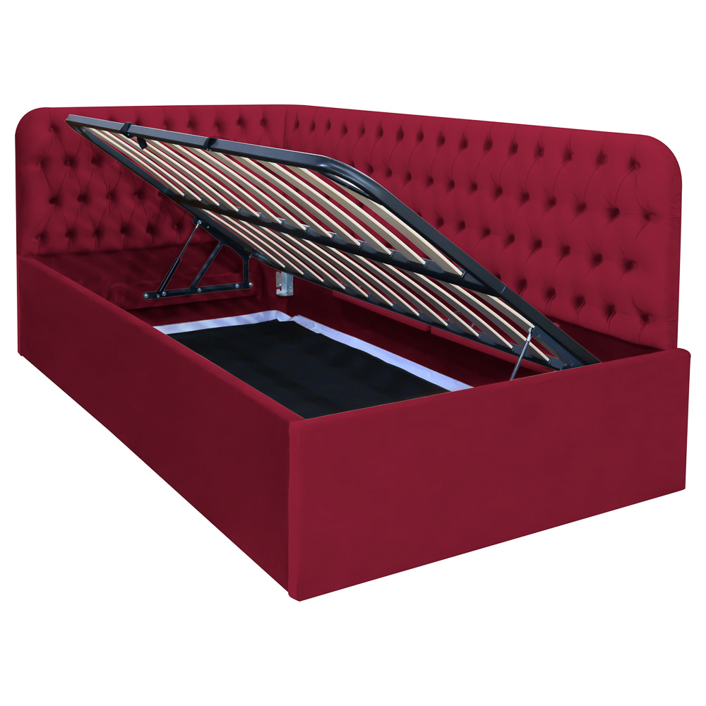 Pat tapitat pe colt dreapta Disney, 120/200, visiniu, cu somiera metalica rabatabila si spatiu de depozitare [3]