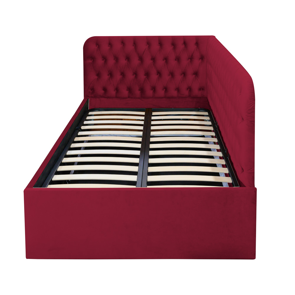 Pat tapitat pe colt dreapta Disney, 120/200, visiniu, cu somiera metalica rabatabila si spatiu de depozitare [2]