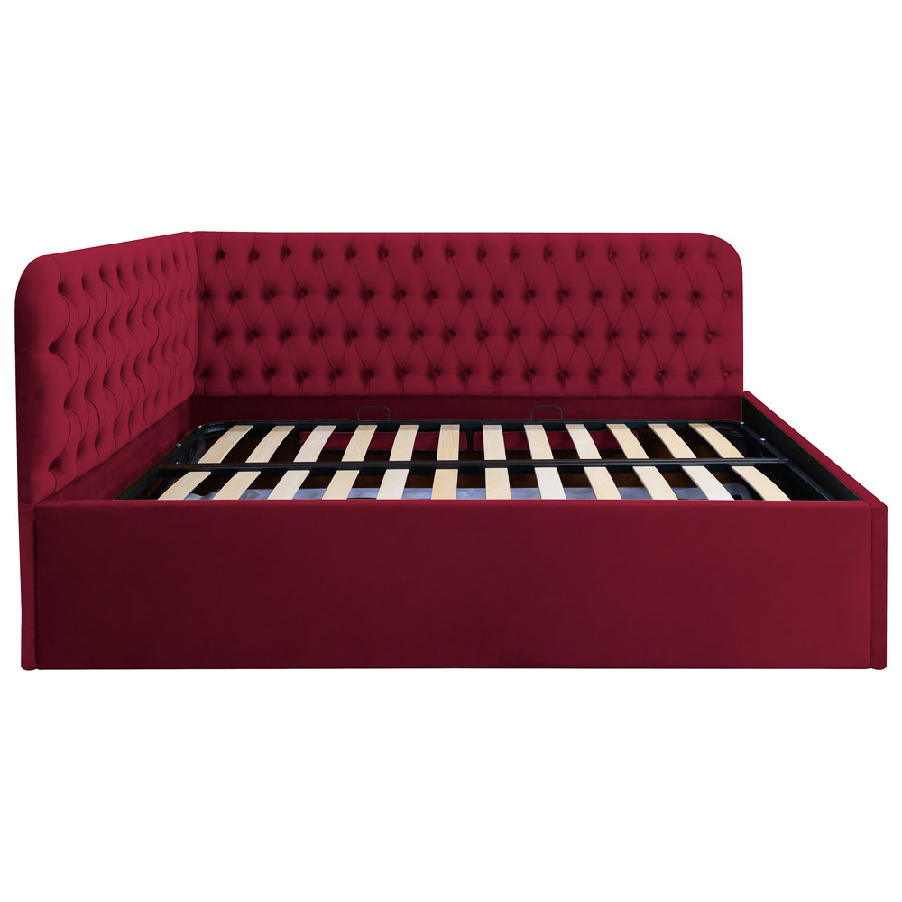 Pat tapitat pe colt dreapta Disney, 120/200, visiniu, cu somiera metalica rabatabila si spatiu de depozitare [1]