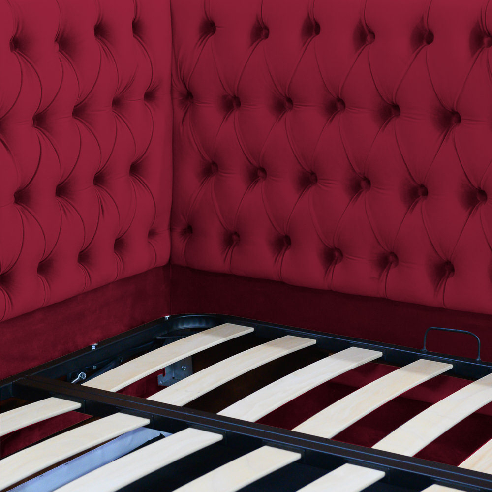 Pat tapitat pe colt dreapta Disney, 120/200, visiniu, cu somiera metalica rabatabila si spatiu de depozitare [4]