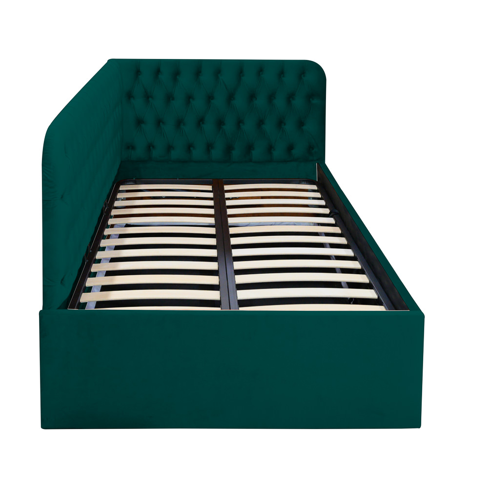 Pat tapitat pe colt stanga DISNEY 140/200, verde, cu somiera metalica rabatabila si spatiu de depozitare [1]