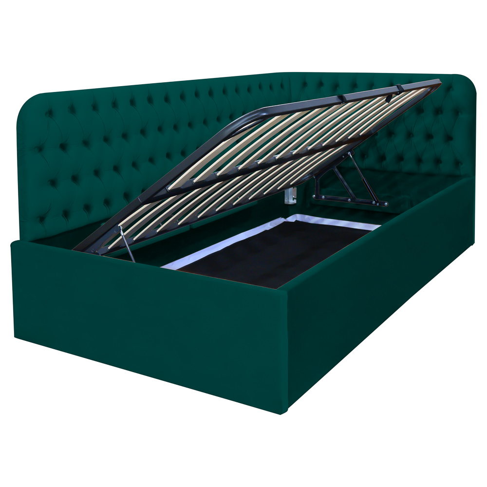 Pat tapitat pe colt stanga DISNEY 140/200, verde, cu somiera metalica rabatabila si spatiu de depozitare [2]