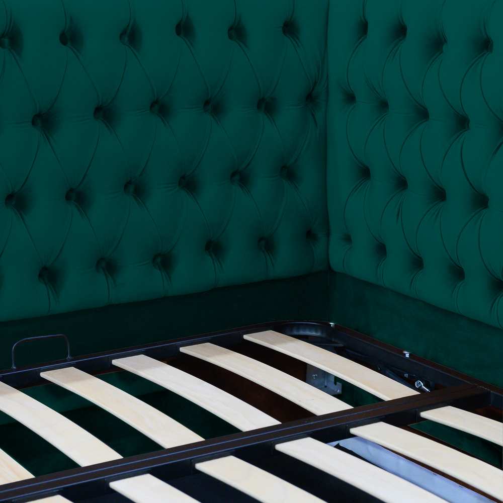 Pat tapitat pe colt stanga DISNEY 140/200, verde, cu somiera metalica rabatabila si spatiu de depozitare [3]