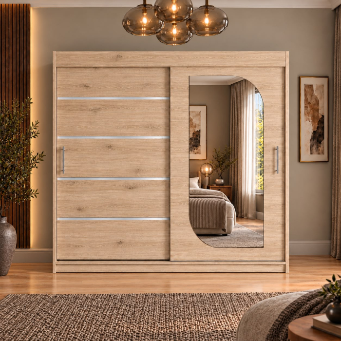 Dressing Alkam 2 usi -argintiu, 200x60x200cm, cu oglinda, Stejar Sonoma, Pal 18 mm [3]