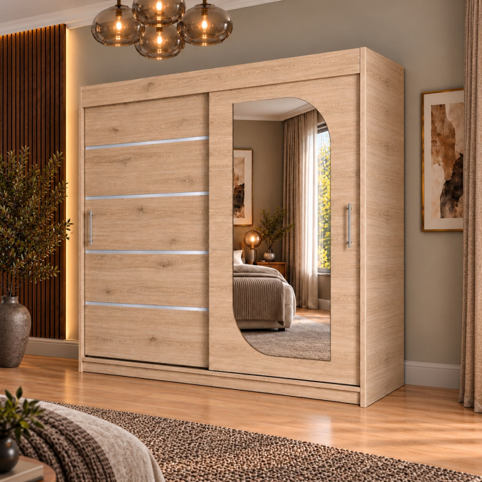 Dressing Alkam 2 usi -argintiu, 180x60x200cm, cu oglinda, Stejar Sonoma, Pal 18 mm [2]