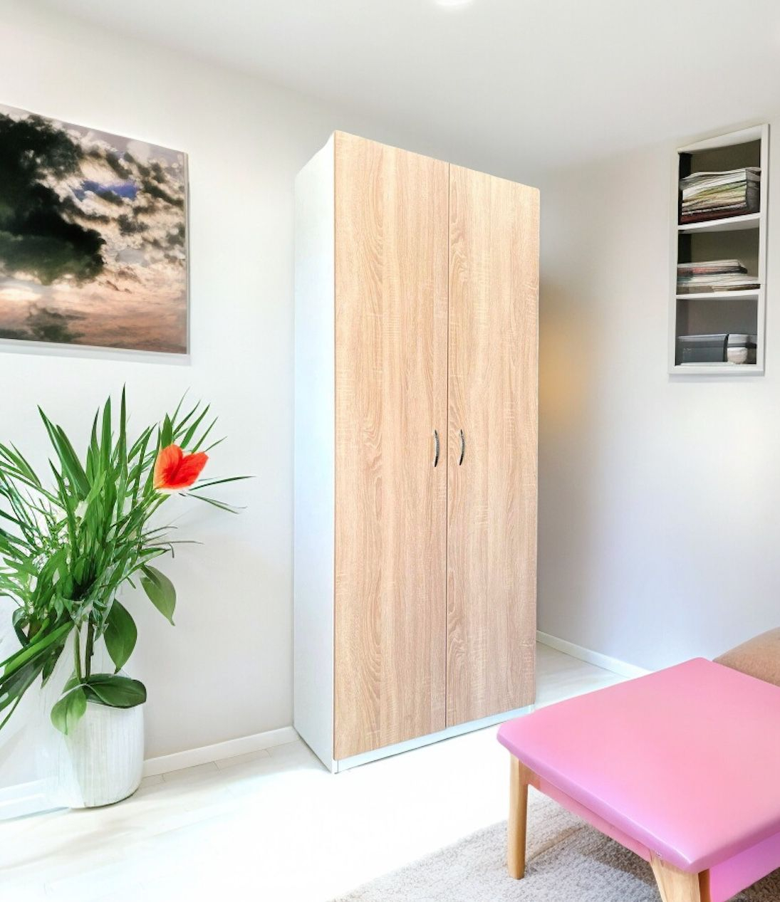 Dulap 2 usi, 4 polite, Alb+Stejar Sonoma, 197x80x40 cm, Pal 18 mm [1]