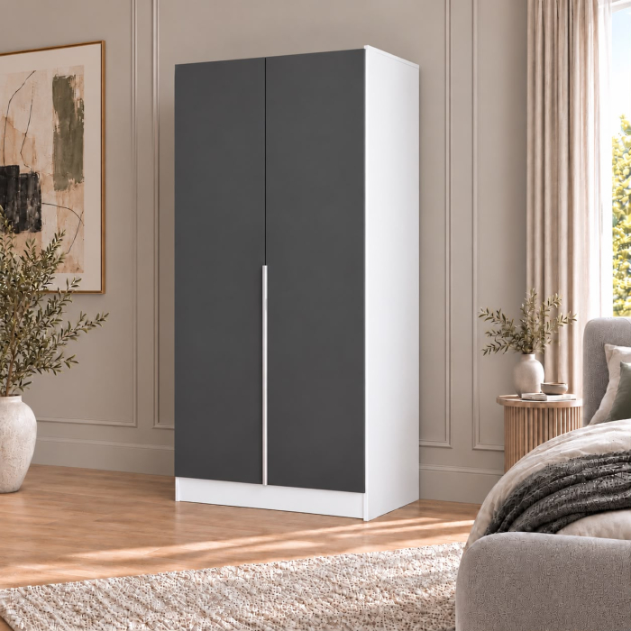Dulap Alb/Antracit 2 usi, manere argintii, 200x80x40 cm, Pal 18 mm [2]