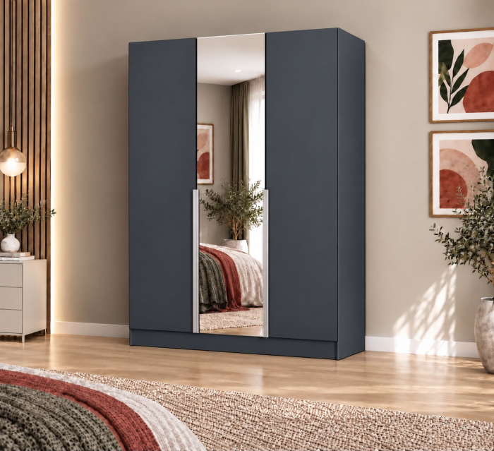 Dulap Vento 3 usi cu oglinda, 150x50x200 cm, Antracit, manere argintii, Pal 18 mm [3]