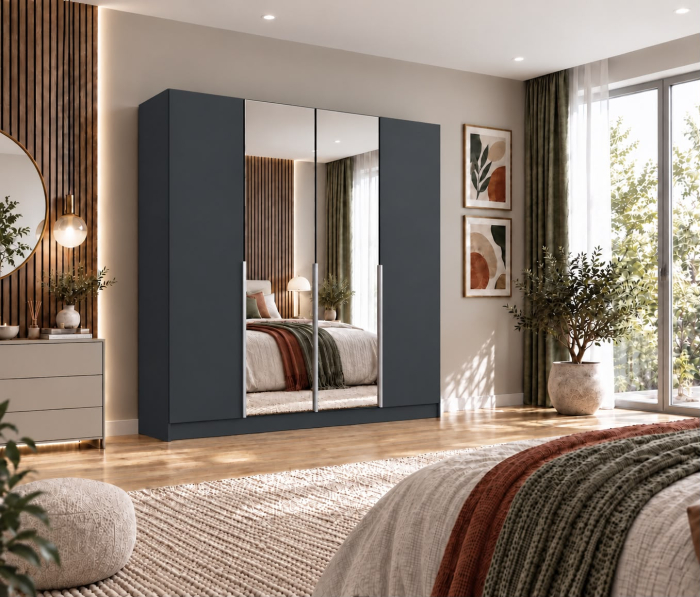 Dulap Vento 4 usi, 2 oglinzi, 200x50x200 cm, Antracit, manere argintii, Pal 18 mm [5]