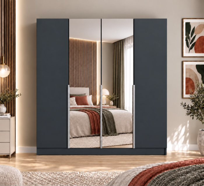 Dulap Vento 4 usi, 2 oglinzi, 200x50x200 cm, Antracit, manere argintii, Pal 18 mm [3]