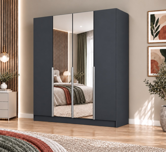 Dulap Vento 4 usi, 2 oglinzi, 200x50x200 cm, Antracit, manere argintii, Pal 18 mm [2]