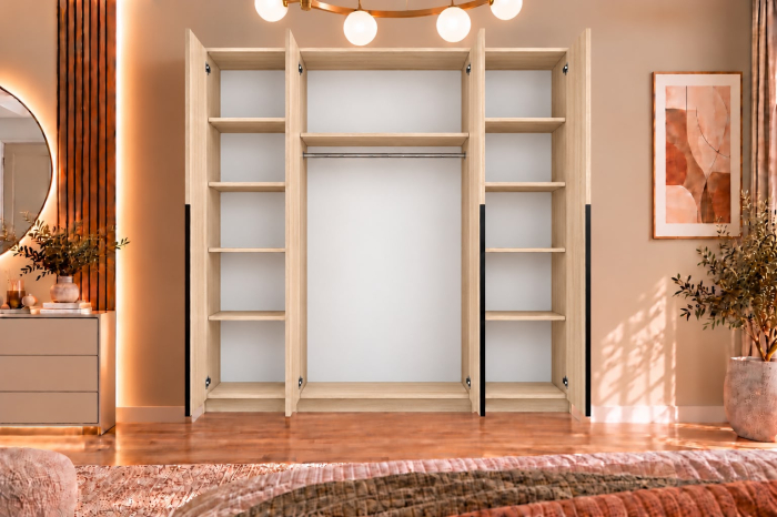 Dulap Vento 4 usi, 2 oglinzi, 200x50x200 cm, Stejar Sonoma, manere negre, Pal 18 mm [6]