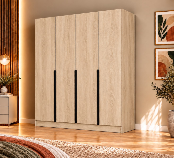 Dulap Vento 4 usi, 200x50x200 cm, Stejar Sonoma, manere negre, Pal 18 mm [2]