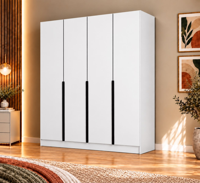 Dulap Vento 4 usi, 200x50x200 cm, Alb, manere negre, Pal 18 mm [3]