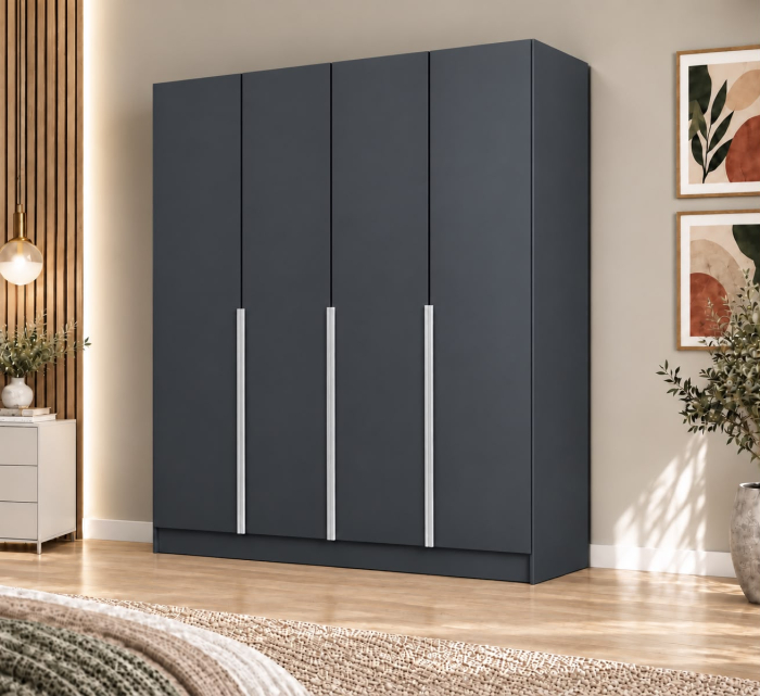 Dulap Vento 4 usi, 200x50x200 cm, Antracit, manere argintii, Pal 18 mm [3]