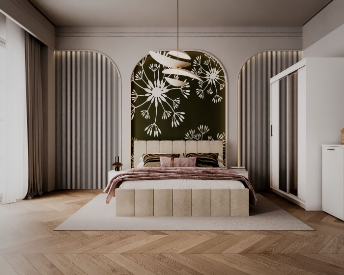 Set Dormitor Alex cu oglinda, 160x200cm, Crem + Alb, Pal 18 mm [3]