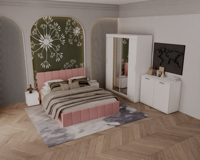 Set Dormitor Alex cu oglinda, 160x200cm, Roz + Alb, Pal 18 mm [2]