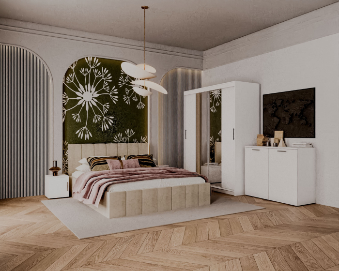 Set Dormitor Alex cu oglinda, 160x200cm, Crem + Alb, Pal 18 mm [2]